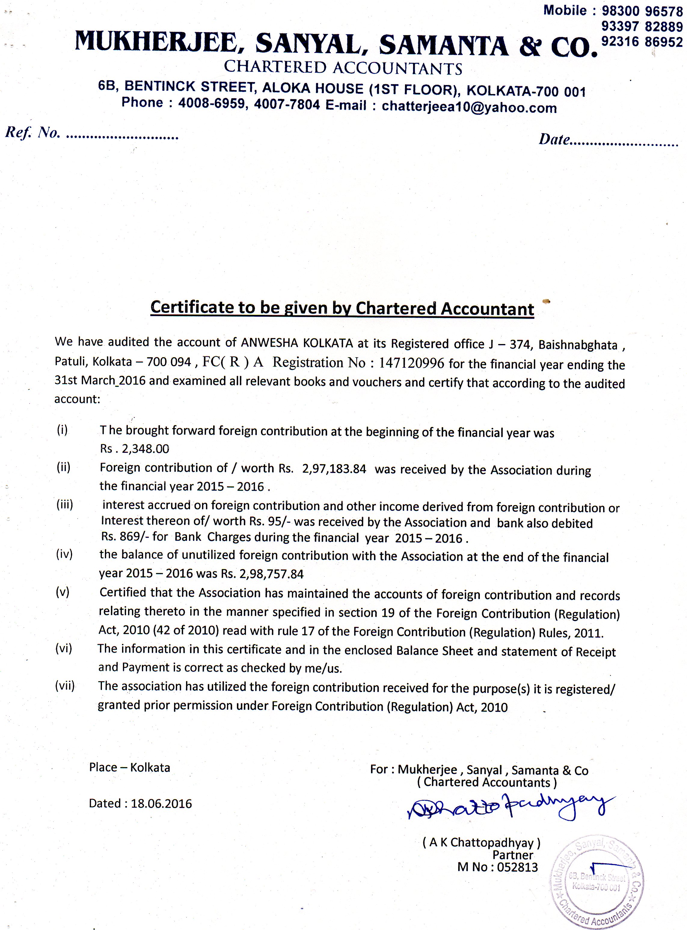 Auditor's Certificate 15-16